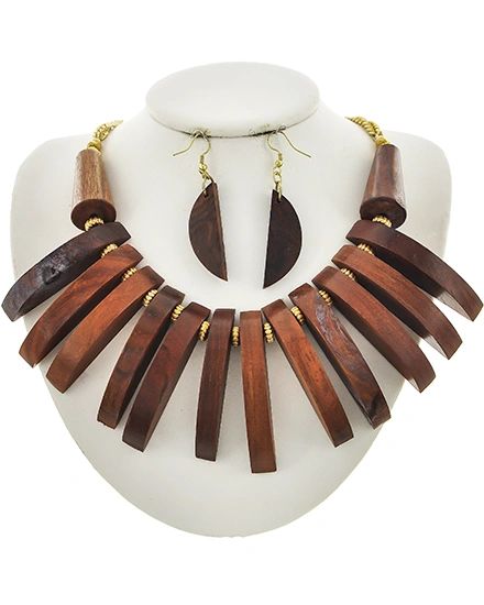 Wood & Gold Necklace w/ Earrings