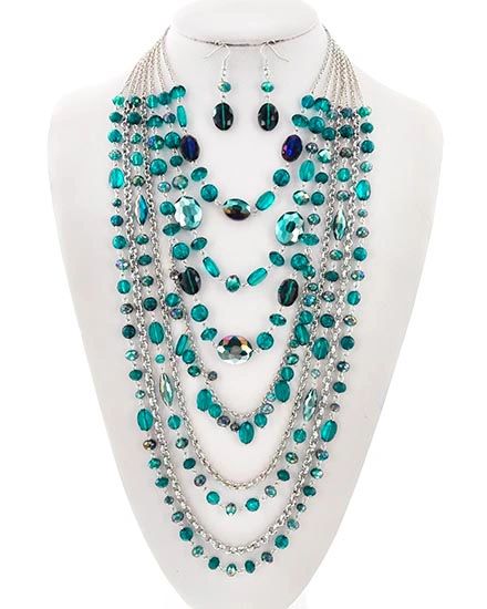 Turquoise & Silver Layered Necklace w/ Earrings