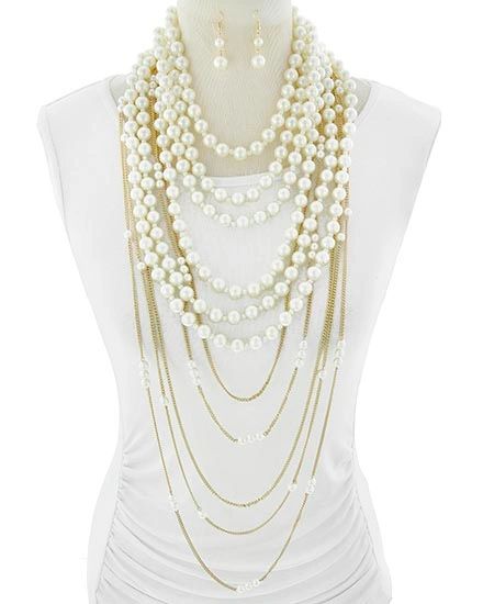 Two-Way Layered Pearl and Gold Chain Necklace w/ Earrings