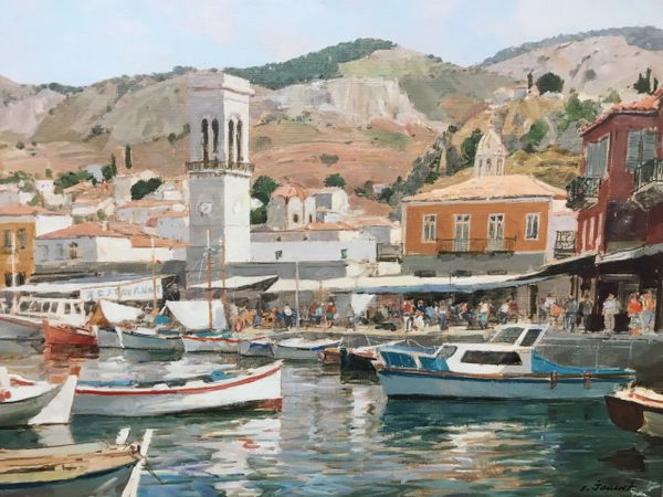 Harbor in Greece by Claude JOUSSET (French, 1935); circa. 1990; Oil on ...