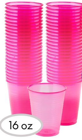 Big Party Pack Black Light Neon Pink Plastic Cups, 50ct