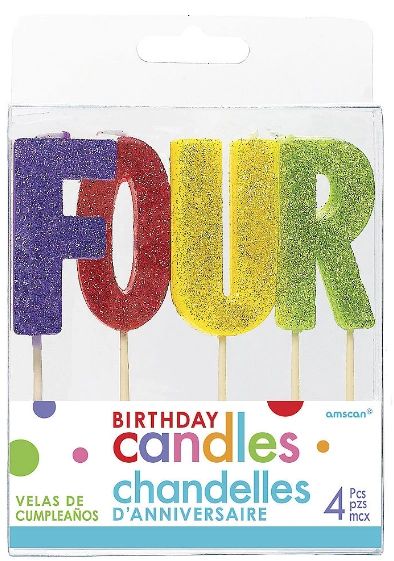 04 "F-O-U-R" Glitter Multi-Color Birthday Candles, 4ct