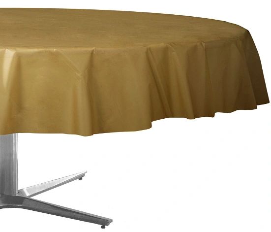 Gold Round Plastic Table Cover, 84"