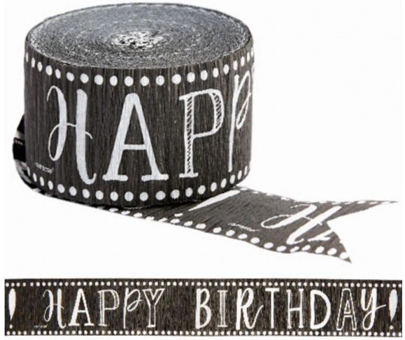 Printed Crepe Streamers - Happy Birthday, Chalk, 81ft