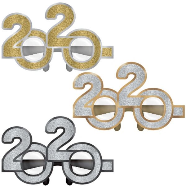 "2020" New Year's Glitter Glasses - Black, Silver, Gold, 6ct