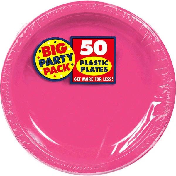 Big Party Pack Bright Pink Plastic Dessert Plates, 7" - 50ct