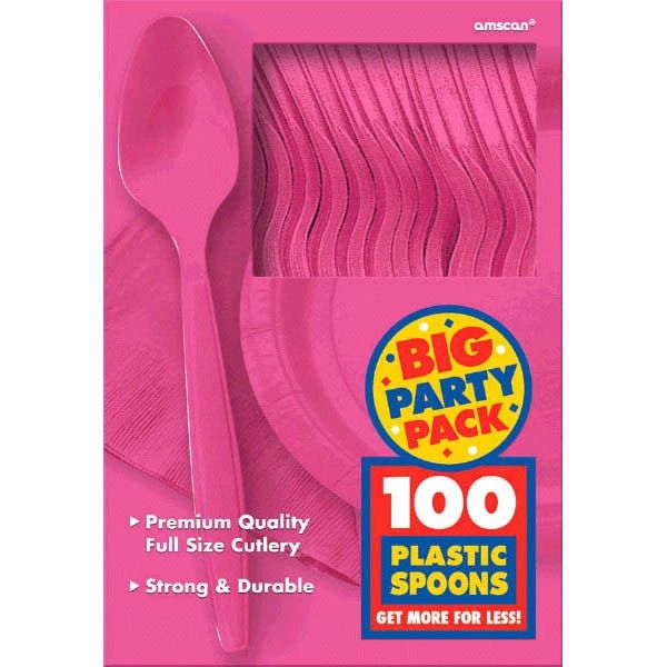 Big Party Pack Bright Pink Plastic Spoons, 100ct