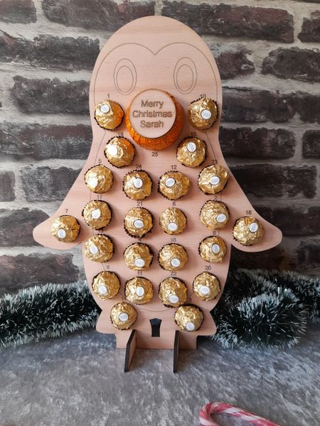 Wooden Ferrero Rocher & chocolate orange penguin advent calendar oak cherry  beech Christmas advent personalised | L&H Lasercrafts laser cut engraved  wedding occasion birthday gift
