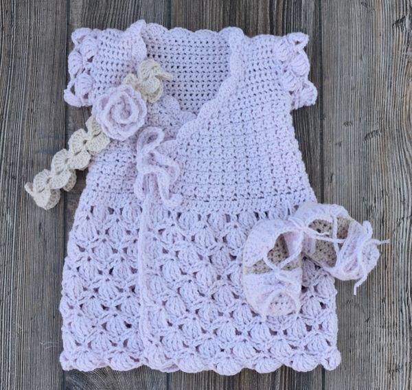 Crocheted Baby Wrap Dress, Headband and Shoes