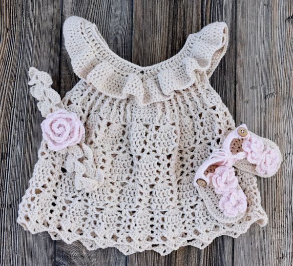 Crocheted Baby Ruffle Dress with Headband and Shoes