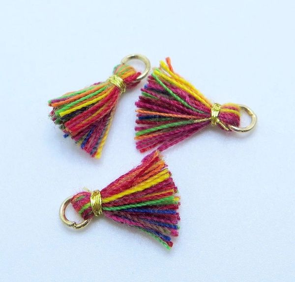 Rainbow Tassels, Mini Cotton Jewelry Tassels with Gold Binding and Gold ...