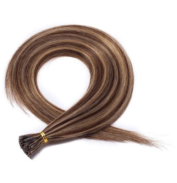 100% Remy I Tip Human Hair Extensions Medium Brown with Dark Blonde  Highlights