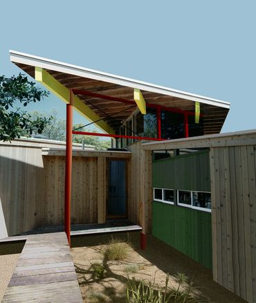 beach house, front door, clerestory windows, exposed beams, cedar siding, Fire Island