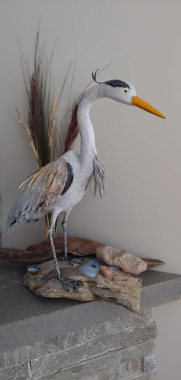 Heron, bird sculpture, handmade, vermont art, home decor, gift, woodcraft, bird watchers, 

