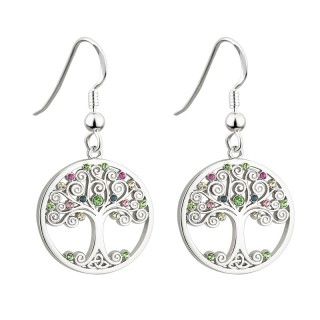 Earrings - Tree of Life with Colored Crystals - Drop Fishhooks - Rhodium - Solvar #S33400