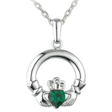 Necklace - Celtic Claddagh with Green Heart - Rhodium - Solvar #S44271