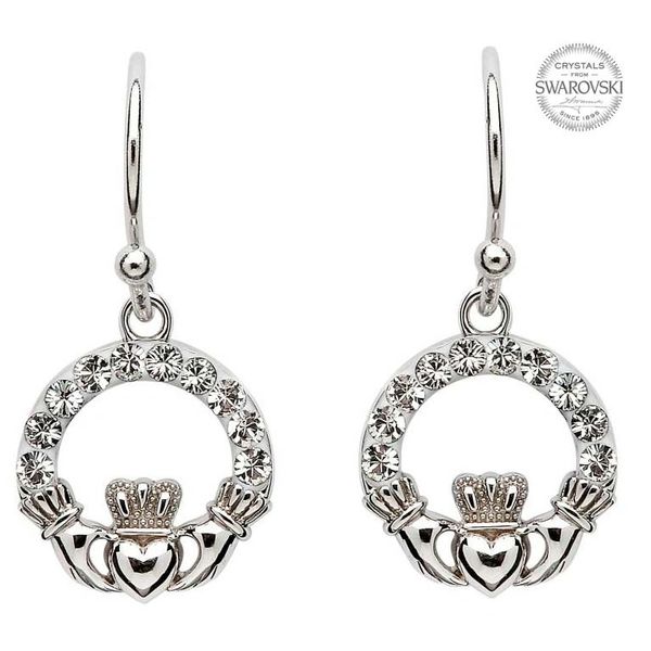 Earrings - Claddagh Drop - Sterling - White Swarovski Crystals - Shanore SW2