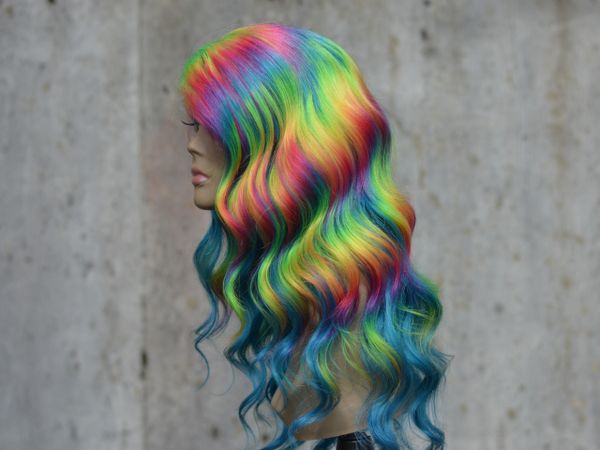 18 Human Hair Lace Front Wig Rainbow Prism Blue