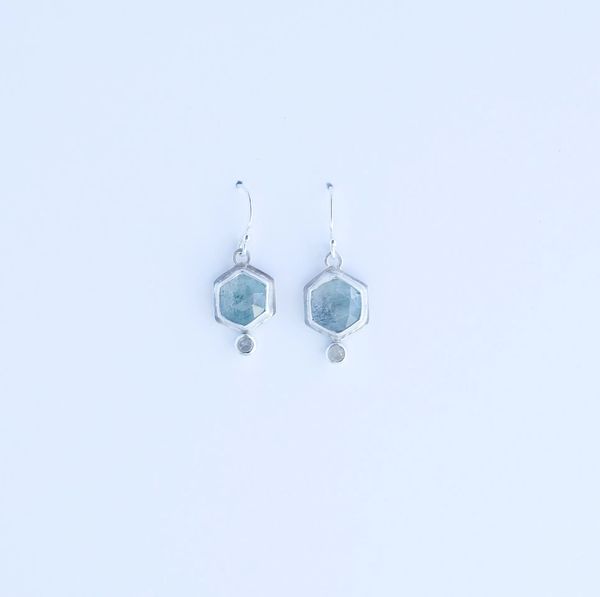 Moss Aquamarine Hexagon/Diamond Earrings