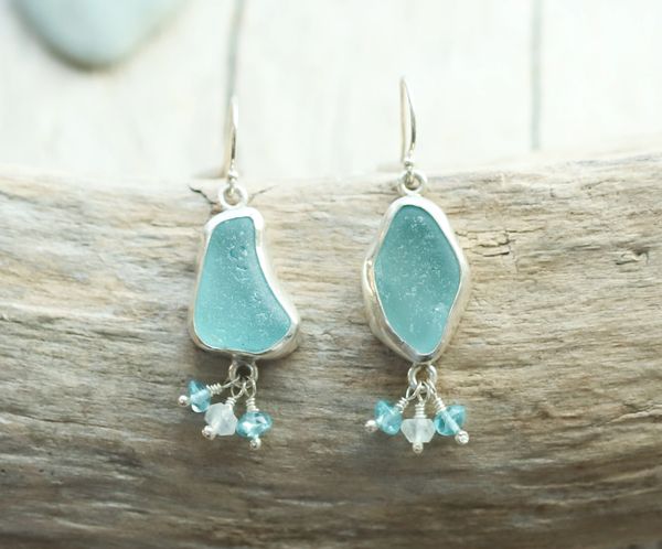 Aqua Sea Glass and Gemstone Earrings