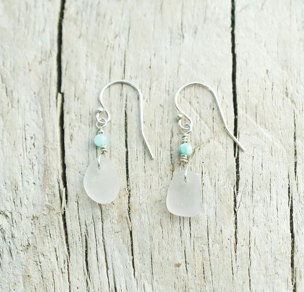 Tiny Sea Glass and Amazonite Earrings