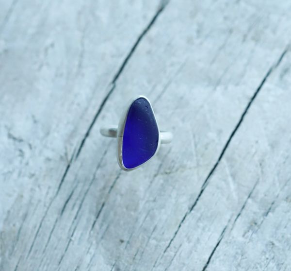 Blue Sea Glass Sterling Silver Wire Crocheted Ring