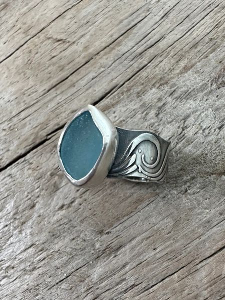 Sterling Silver Aqua Sea Glass Ring with Wave Patterned Band