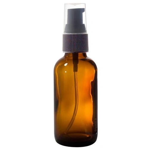 GLASS 50 ML AMBER ESSENTIAL OIL BOTTLE WITH BLACK TREATMENT PUMP & BLACK LID