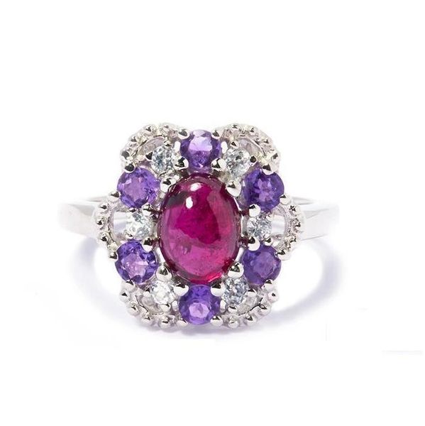 Rhodolite Garnet, Amethyst & White Zircon Sterling Silver Ring | Gems ...