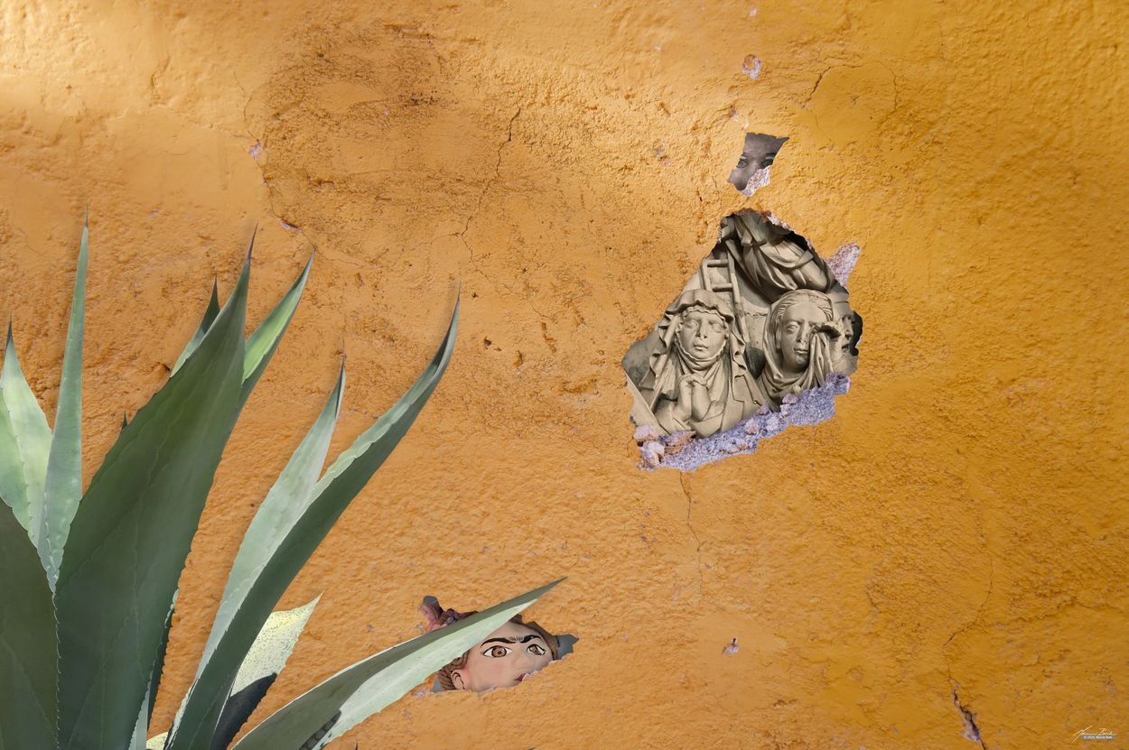 Ochre wall with agave, Frieda Kalo doll, french saints and Mexican mask, photomontage Collage
