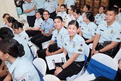 Group of Emergency Medical Technician students wearing EMT standard uniforms