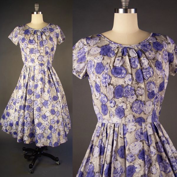 Vintage 1950s Purple Rose Print Fit & Flare Dress Medium