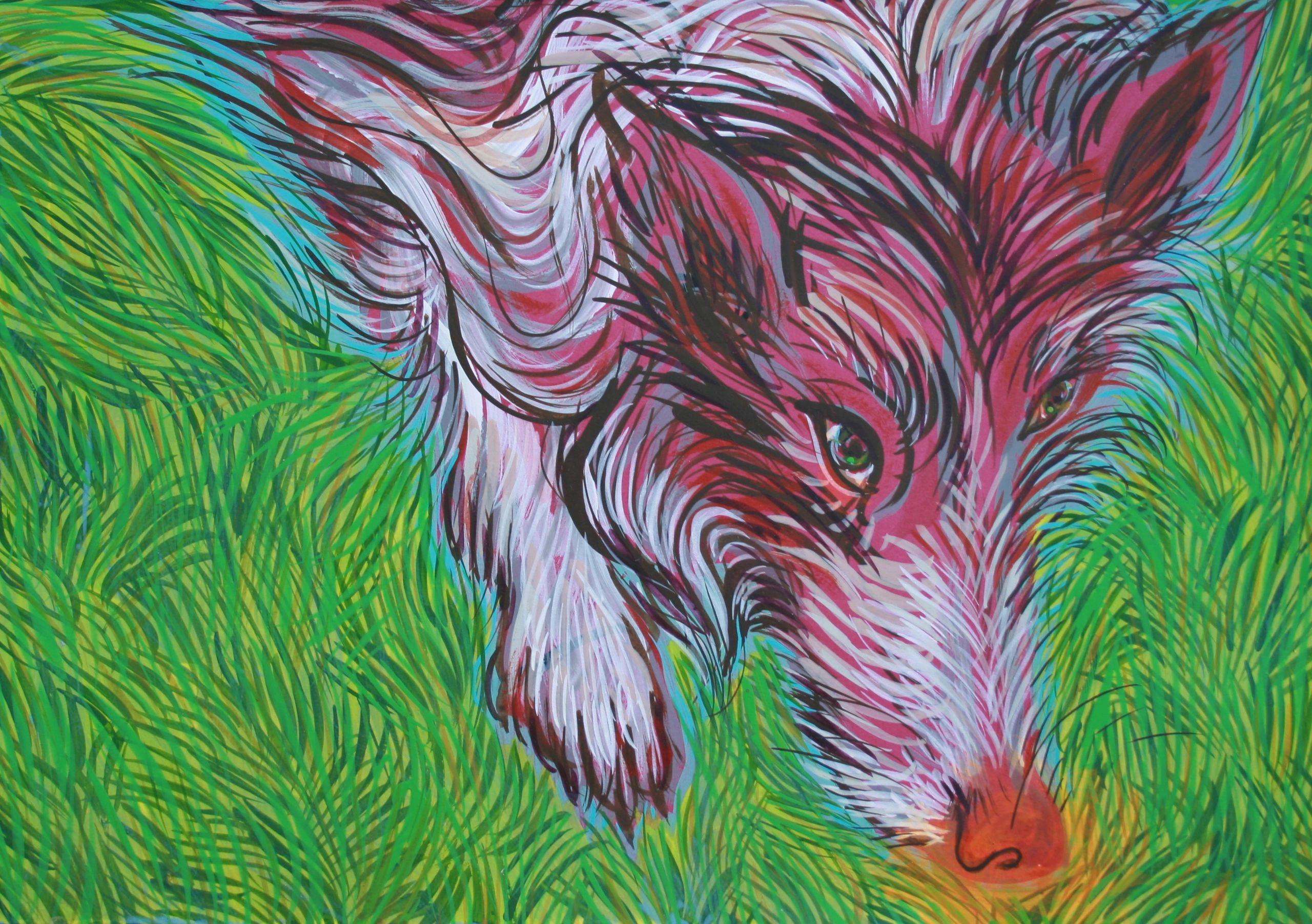 Ruby Sniffing, gouache & acrylic on paper, 28x38 cm, 2015