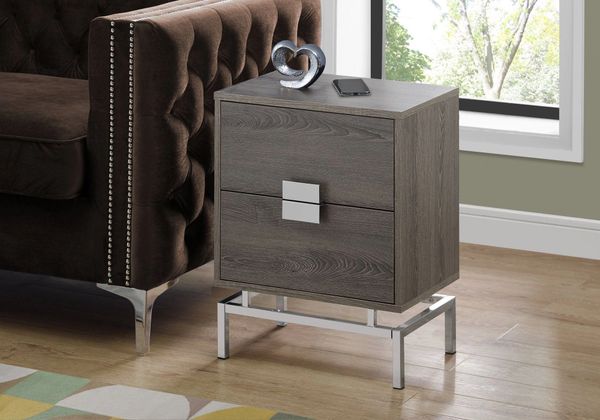 Vega 2 Drawer Nightstand Accent Table Grey Chrome Metal 24 H