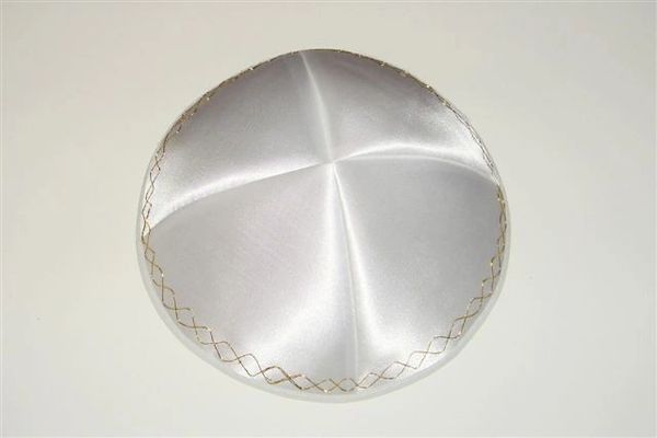Kippah Satin White With Gold or Silver Diamond Design Border, Made In Israel
