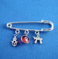 Safety Pin Sterling Silver for Baby with Chai, Evil Eye and Chamsah -2" Long