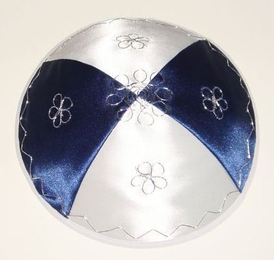 Kippah Satin Blue/White w/Silver Decor