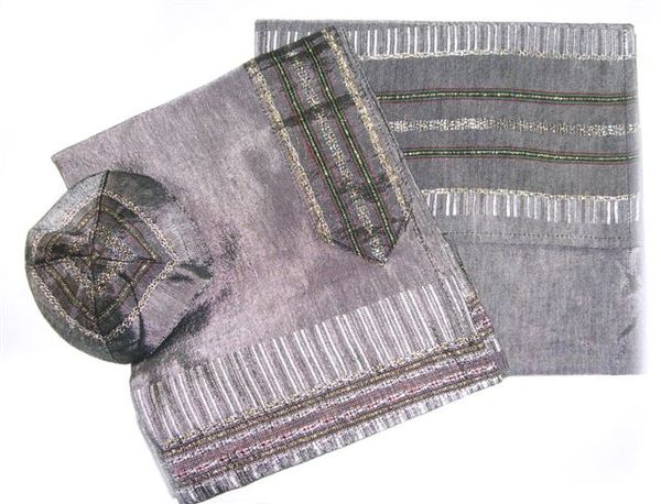 Talit Set Silk Gray/Green/Red or Gray/Black/Gold - Size:20 Inches X 72 Inches - Hand Made By Gabrieli - Made In Israel