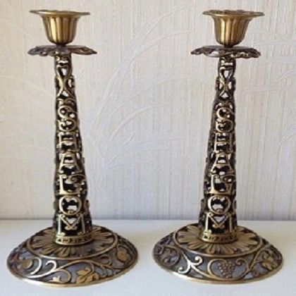 Large Heavy Brass Candleholders 12.5 In H X 5 3/8 In Diam Base - Made In Israel By Oppenheim