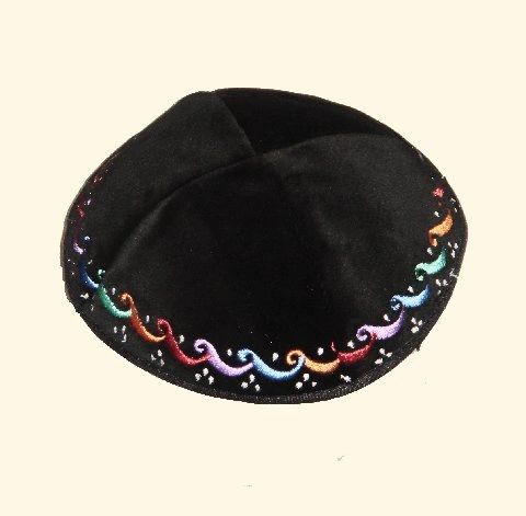 Kippah Velvet Black w/Color Embroidered Border