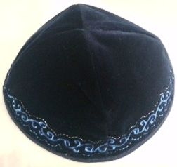 Kippah Velvet Navy W/Blue Border Design Embroidered