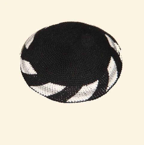 Kippah Crochet Black w/White-Gray Border - Size: 6-3/8" Diam.