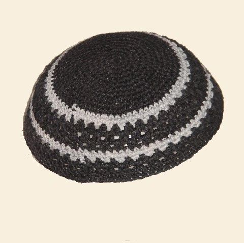 Kippah Crochet Black w/Gray - Size: 7 3/4" Diam