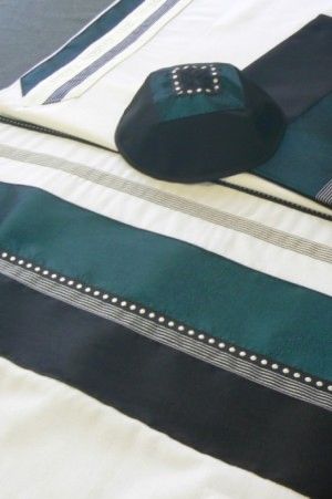 Talit Set Black/Teal - Size: 20" x 80" - Made in Israel by Eretz Fashionable Judaica