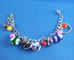 Bracelet Silver Finish With Eyes And Colored Beads