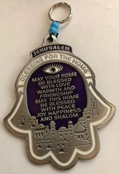 Large Chamsah Plaque Jerusalem design W/Home Blessing Purple/Silver 5 Inches L