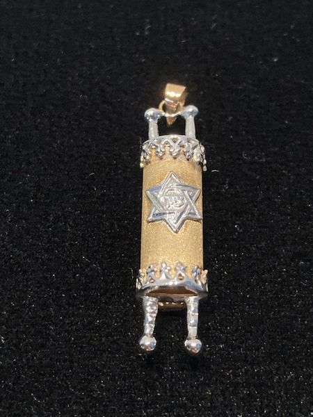 Charm Torah With Star Of David Satin Finish 14 Kt Yellow And White Gold, 1-1/4" L X 1/4" W