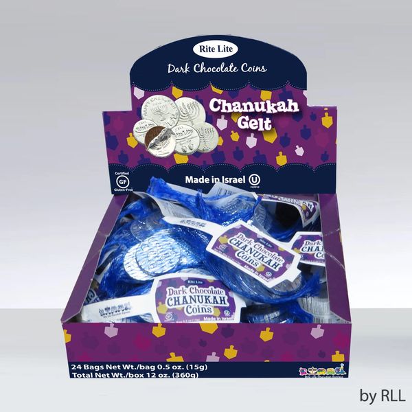 Chanukah Gelt Dark Chocolate Coins Pareve, 0.5 ox 24bags/box
