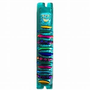 Mezuzah Case Glass Teal/Colors 5" by Sandi Katz