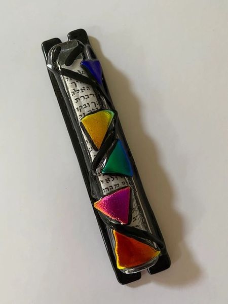 Mezuzah Case Glass Black/White/Ribbons 5" by Sandi Katz